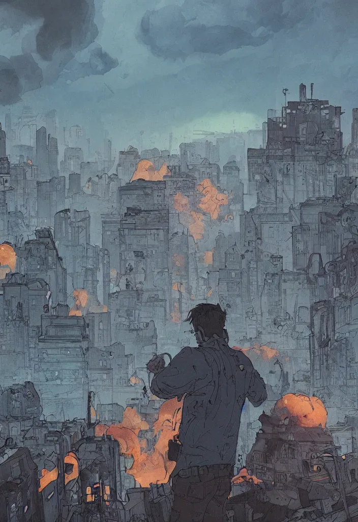 Image similar to crying humans, scared humans, panic, scene with a few (((zombies))) walking, destroyed city at the background, some smoke and fire, blue sky with dramatic clouds, line art, ink, watercolor by Kilian Eng and by Jake Parker, heavy brushstrokes, winning-award masterpiece, fantastic, octane render, 8K HD Resolution, High quality image