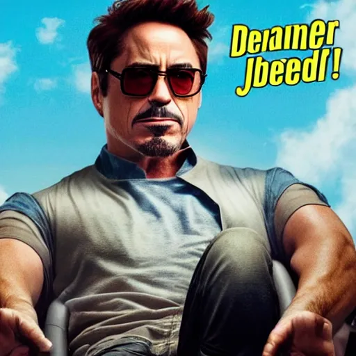 Image similar to robert downey jr. starring in weekend at bernie's. movie poster. comedic. cinematic lighting. robert downey jr. in a wheelchair pushed by dwayne the rock johnson.