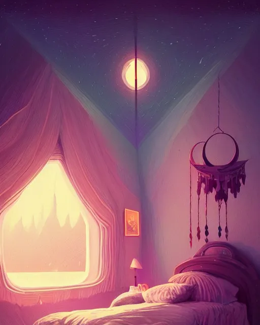 Image similar to beautiful painting of elven bedroom, art by mike winkelmann and by petros afshar, sky night, illustration, highly detailed, simple, smooth and clean vector curves, no jagged lines, vector art, smooth, artstation