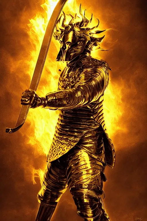 Image similar to a golden warrior showing his sword of fire, trending on artststion. night time, dramatic, cinematic, 8 k