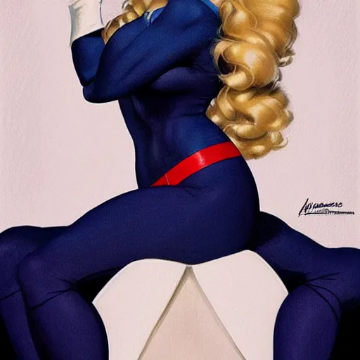 Prompt: a beautiful pin - up portrait of a beautiful cute superhero woman, blonde hair, matte navy - blue bodysuit, white cape, intricate, elegant, 8 k, highly detailed, digital painting, concept art, smooth, sharp focus, illustration, by norman rockwell and artgerm and loish and wlop