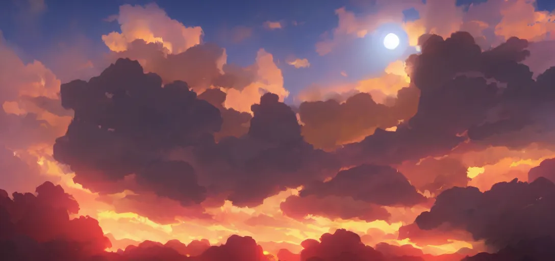 Image similar to peaceful puffy cloud with sunset in the background, matte painting, trending on artstation, artstationHQ, unreal engine, 4k, 8k, anime style