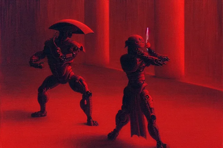 Image similar to only with red, a red cyborg samurai, tokio futuristic in background, some evil yokai fight, in the style of beksinski, parts by edward hopper, parts by rodcenko, parts by yue minjun, intricate and epic composition, red by caravaggio, insanely quality, highly detailed, masterpiece, red light, artstation, 4 k