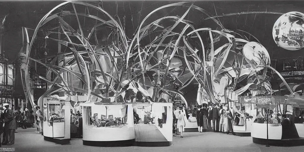 Image similar to futuristic invention display at the worlds fair, 1 9 0 0 s photograph