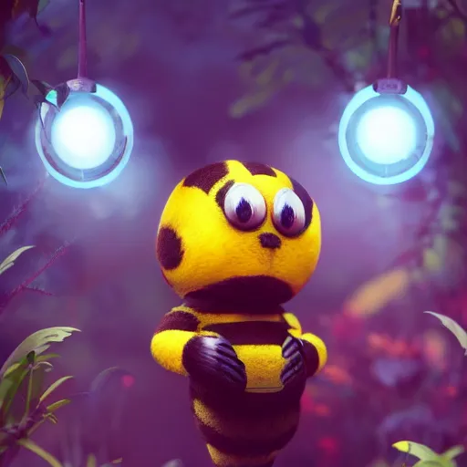 Image similar to A cute Bee in a garden, huggy wuggy from poppy playtime video game, fullbody, ultra high detailed, glowing lights, oil painting, Greg Rutkowski, Charlie Bowater, Beeple, unreal 5, DAZ, hyperrealistic, octane render, RPG portrait, dynamic lighting, fantasy art, beautiful face