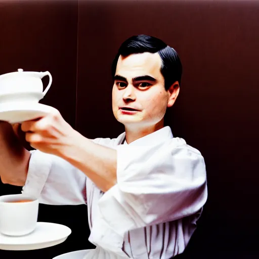 Image similar to close - up of ben shapiro angrily serving you tea at a japanese maid cafe, frilly outfit, depth of field, 3 5 mm, 8 k, photograph by annie leibovitz