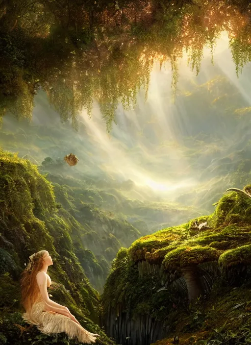 Image similar to an elegant fairy with wings of lace sitting and looking out at a lord of the rings scenery landscape, vast lush valley flowers and mushroom structures, stream, sunrise, god's rays highly detailed, vivid color, cinematic lighting, perfect composition, 8 k, gustave dore, derek zabrocki, greg rutkowski, belsinski, octane render