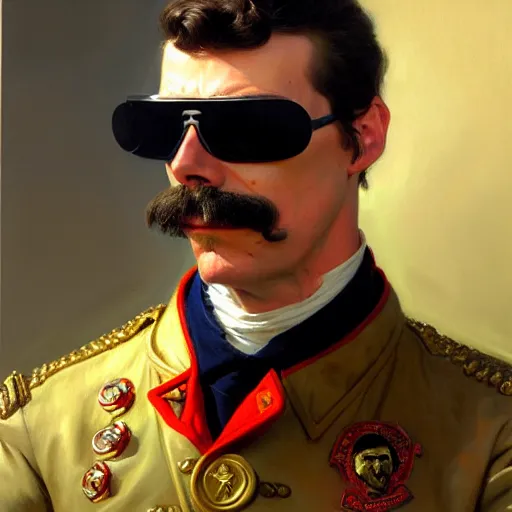 Prompt: drdisrespect posing as napoleon, wearing oakley sunglasses, full body, breath taking, portrait, highly detailed painting by gaston bussiere, j. c. leyendecker, greg rutkowski, craig mullins 8 k