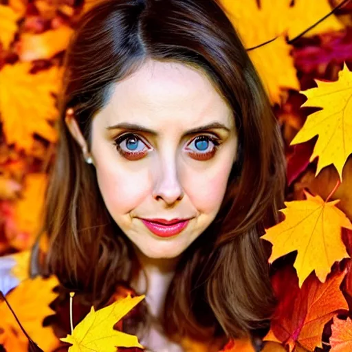 Image similar to gorgeous female Alison Brie, realistic character concept, full body, fall dress, autumn leaves, orange yellow, medium shot, shorter neck, illustration, symmetrical face and body, realistic eyes, cinematic lighting, detailed realistic symmetrical eyes, symmetrical nose, symmetrical pupils, symmetrical nostrils, face by artgerm, symmetrical nose, cgsociety, 8k, high resolution, Don Bluth, Joshua Middleton, Charlie Bowater, Tom Bagshaw, single face, insanely detailed and intricate, beautiful