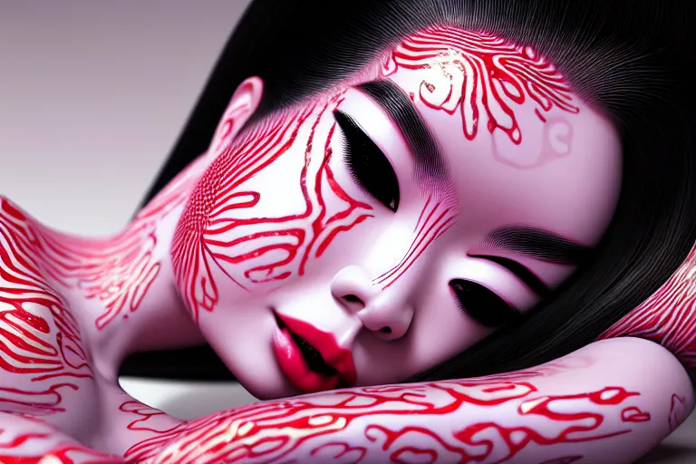 Image similar to hyperrealistic detailed image of a geisha laying in a art installation room, hd smooth interior by yayoi kusama, part by kei mieno, part by alex gray, part by ross tran, part by james jean, ultra realistic, highly detailed, life like face, detailed body, 8 k, octane render, trending on artstation, very cohesive, masterpiece