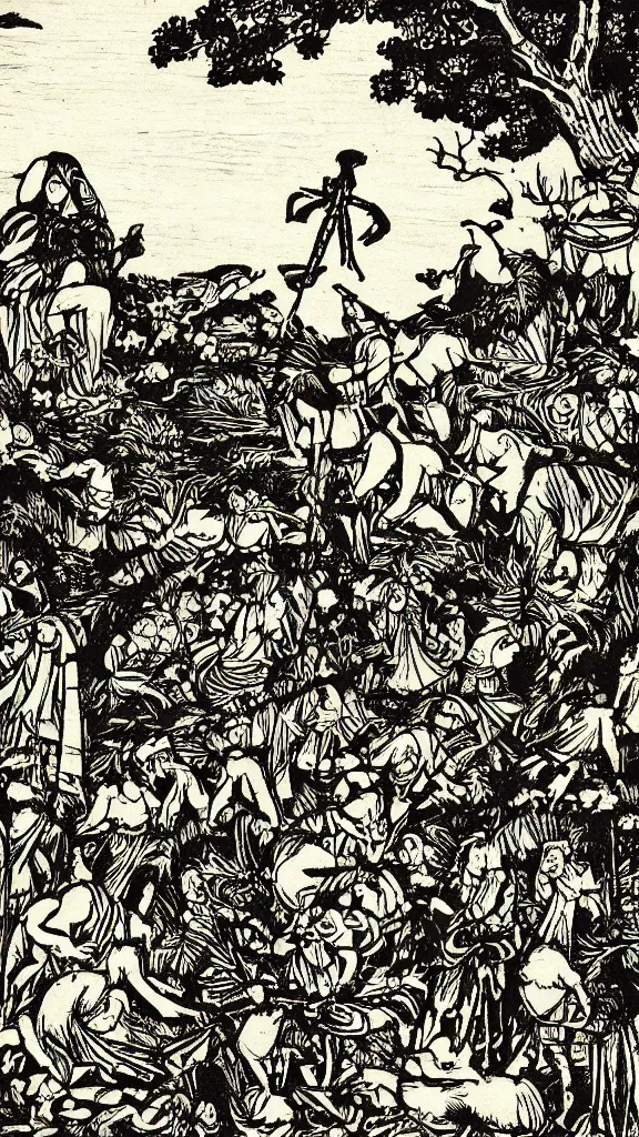 Image similar to a pagan folklore scene, woodblock print by daniel greiner