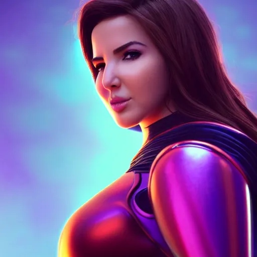 Image similar to a portrait of nancy ajram as thanos, the pixar adaptation, hyper detailed, digital art, trending in artstation, cinematic lighting, studio quality, smooth render, unreal engine 5 rendered, octane rendered