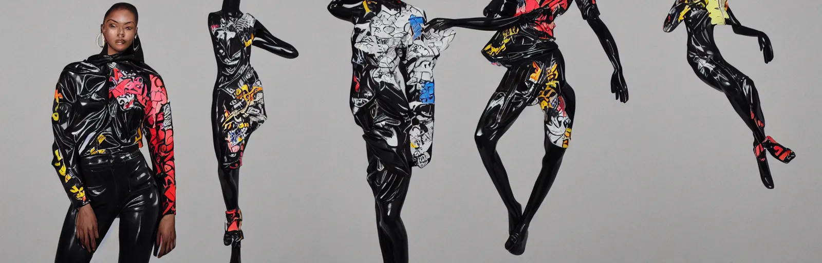 Image similar to black marble statue of a beautiful woman with colorful motocross logos in the style of virgil abloh, very very beautiful, detailed, off white, heron preston, 8 k, 4 k, detailed, beautiful, symmetrical, vogue, editorial, fashion, magazine, museum lighting, museum, gallery