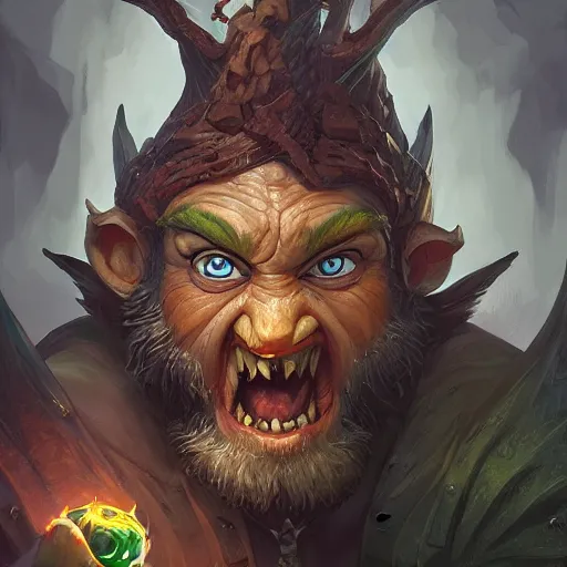 Image similar to demonist gnome with angry face, d & d, deep focus, d & d, fantasy, intricate, elegant, highly detailed, digital painting, artstation, concept art, matte, sharp focus, illustration, hearthstone, art by artgerm and greg rutkowski and alphonse mucha