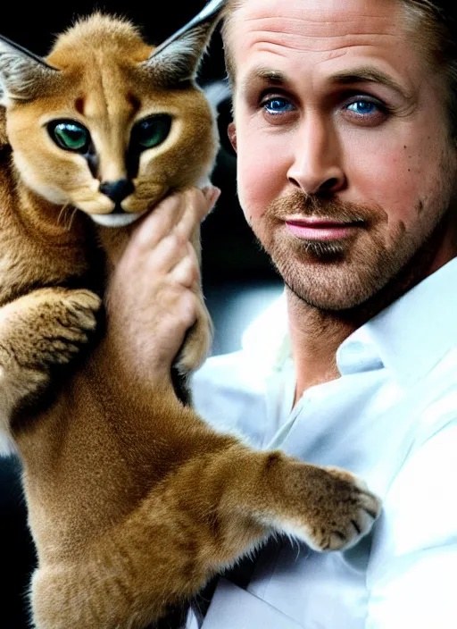 Prompt: Ryan Gosling holds a caracal cat in his hands