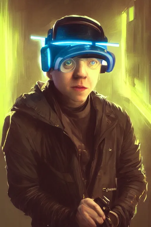 Image similar to portrait of Rupert Grint as Ron Wisly with visor in cyberpunk, neon lighting, night city, digital art from artstation by Ruan Jia and Mandy Jurgens and Artgerm and william-adolphe bouguereau and Greg Rutkowski