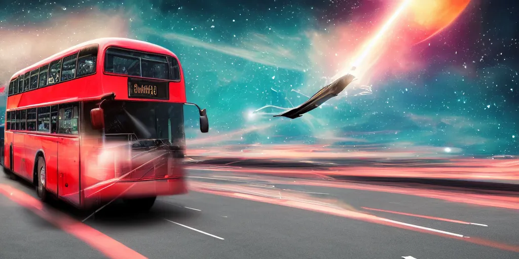 Image similar to a bus driving in outer space with money flying out of the bus windows. illustrated, high resolution 4k