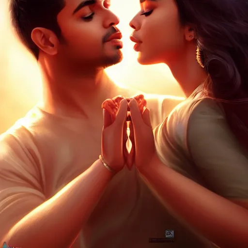 Prompt: theatrical press release ; indian young male and female couple sharing one heart ; stunning digital artwork by artgerm ; cinematic movie pose ; photorealistic, hyperrealistic, dramatic soft rim light ; highly detailed ; face by wlop ; trending on artstation ; cinematography from music video