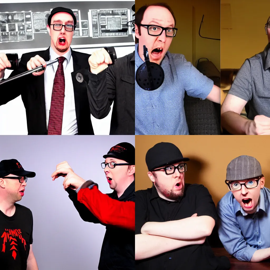 Prompt: the Nostalgia Critic and the Angry Video Game Nerd having a heated gamer battle