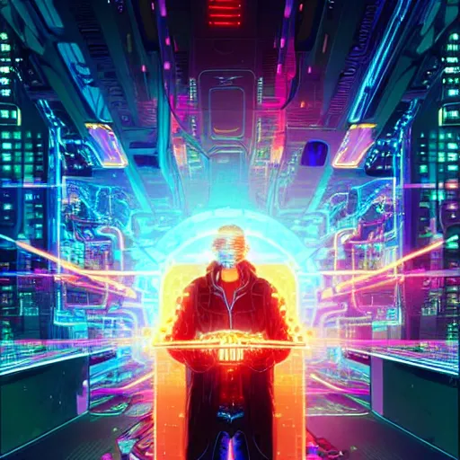 Image similar to a cyberpunk netrunner surrounded by a glowing computer interface, centered in the frame, cyberpunk concept art by Jean Giraud and josan gonzales, digital art, highly detailed, intricate, sci-fi, sharp focus, Trending on Artstation HQ, deviantart, 4K UHD image