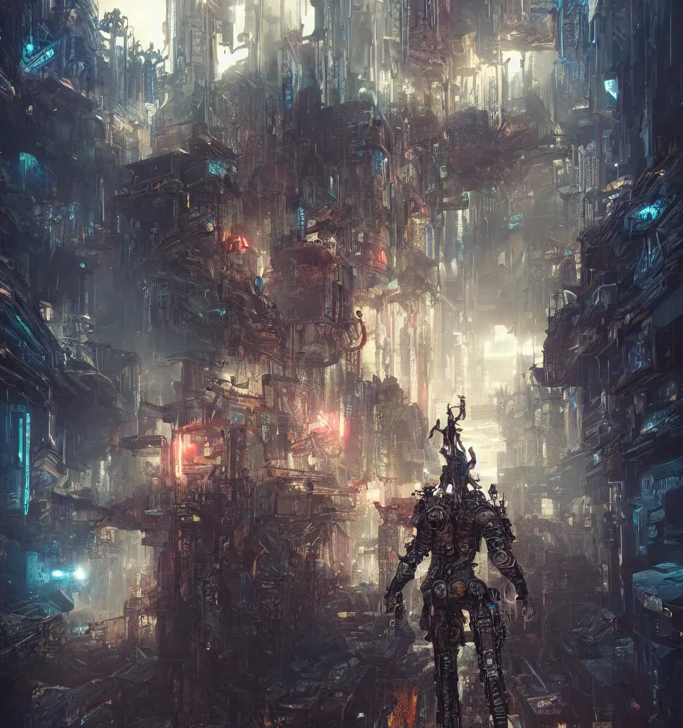 Image similar to cyberpunk gladiator, cinematic, highly detailed, octane render, cg, rich cinematic atmosphere, perfect digital art, mystical journey in strange world, Mystical, cyberpunk, tech war, sci-fi, surreal, glowing lights, sharp focus, high detailed, by Akihiko Yoshida, michael whelan and Karol Bak