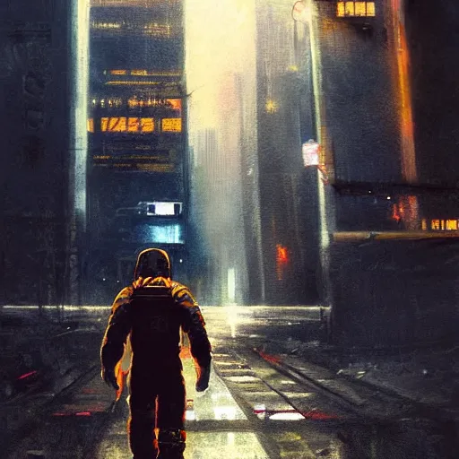 Prompt: astronaut wandering around a cyberpunk dystopian gotham city, foggy and atmospheric, night, starry sky, glowing lights, photorealism, oil painting,