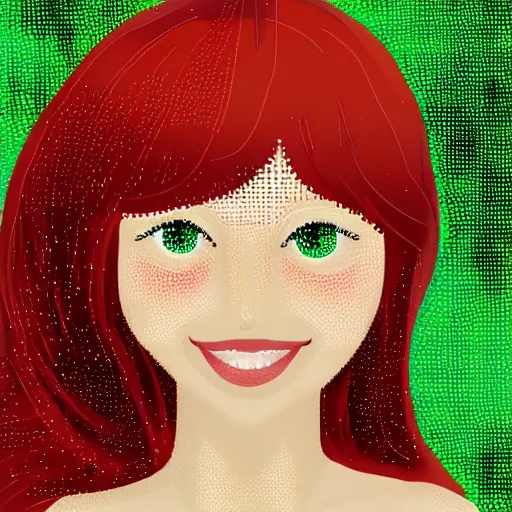 Image similar to portrait of a red haired girl softly smiling among fireflies, with long hair, green eyes, round face, hint of freckles, colorful pixel art