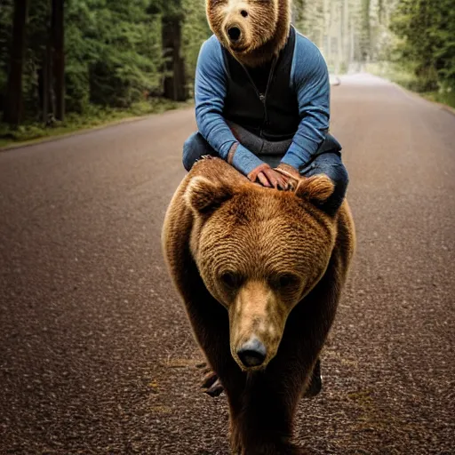 Image similar to man riding bear, XF IQ4, 150MP, 50mm, f/1.4, ISO 200, 1/160s, natural light, Adobe Photoshop, Adobe Lightroom, DxO Photolab, polarizing filter, Sense of Depth, AI enhanced, HDR