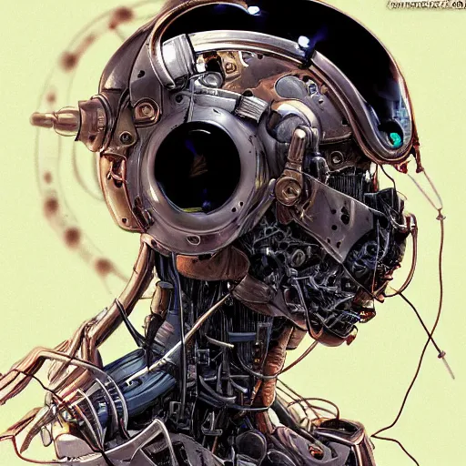 Image similar to Male cyborg, battle-damaged, scarred, wearing facemask, youthful face, bored expression, blue eyes, sterile background, head in profile, sci-fi, bio-mechanical, wires, cables, gadgets, Digital art, detailed, anime, artist Katsuhiro Otomo