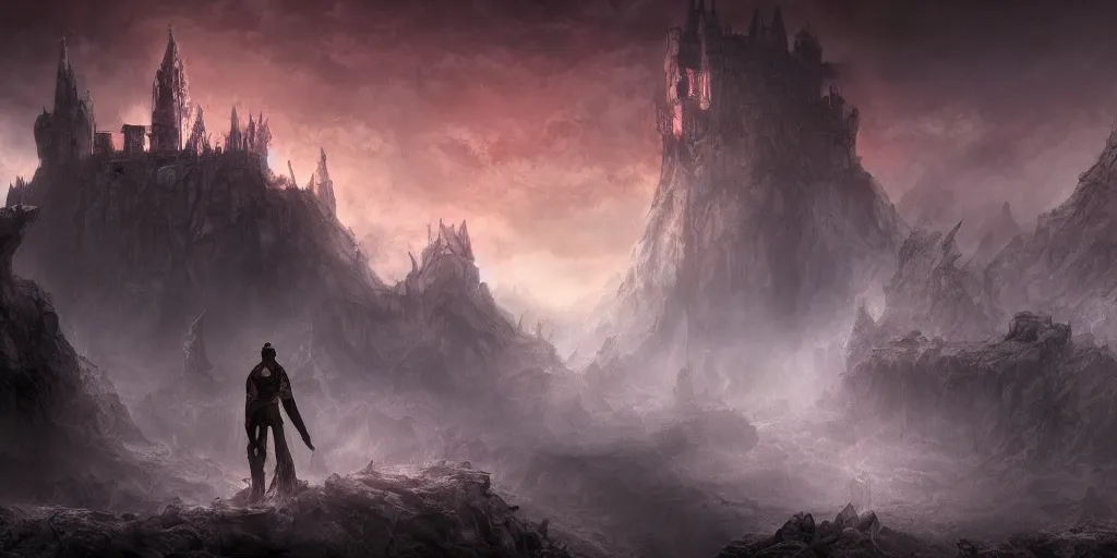 Image similar to old mage falling into a pit of demons, barren landscape, distant castle, dramatic moonlight, apocalyptic fantasy, mmo, digital art, 4 k