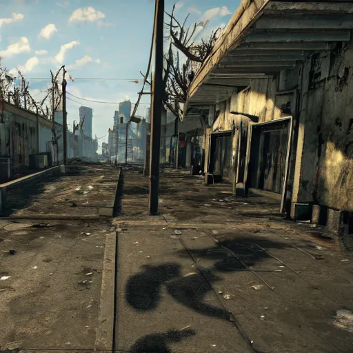 Prompt: Miami in ruins post-nuclear war in Fallout 4, in game screenshot