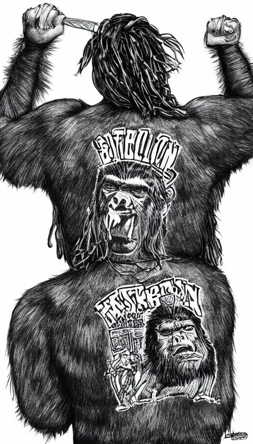 Image similar to ball pen illustration of Post Malone with a gorilla on his back