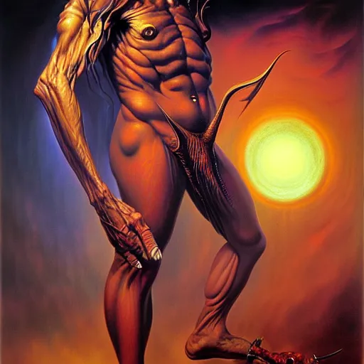 Prompt: ethos of ego, mythos of id, monsters of madness. by boris vallejo, hyperrealistic photorealism acrylic on canvas, resembling a high - resolution photograph