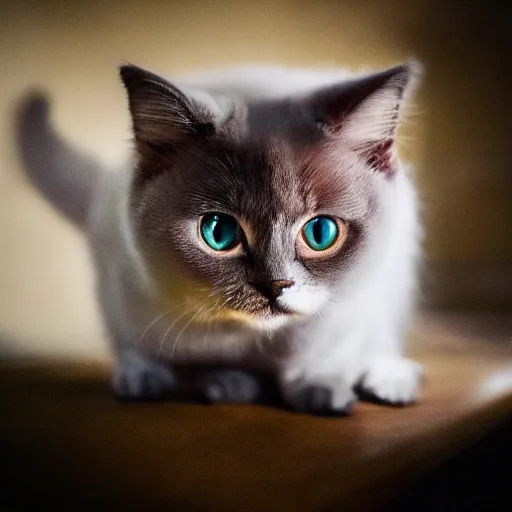 Image similar to cute munchkin cat with tiny legs big head stunning eyes, cinematic lighting, beautiful composition in the style of the island of dr moreau