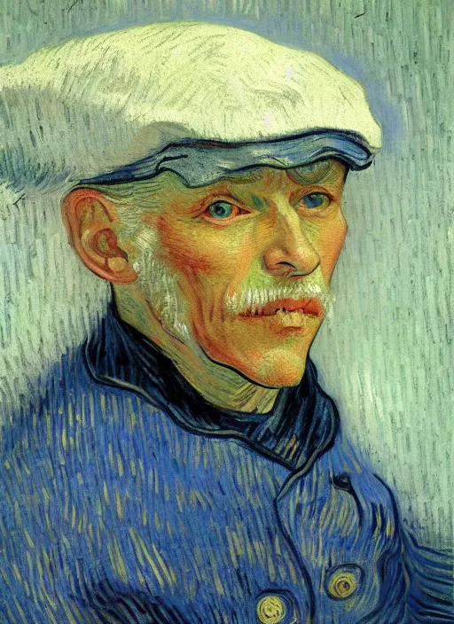 Prompt: portrait of a very old sailor with white hair and hat, asleep, detailed realism face in painting, detailed beautiful portrait, expressionist oil painting masterpiece, 8 k resolution, smooth, sharp focus, pastel color palette, trending on artstation, by van gogh