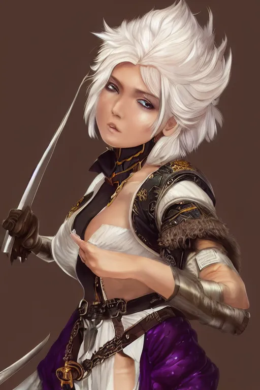 Image similar to A realistic anime portrait of a short white haired female rogue wearing an intricate pirate outfit, middle eastern, purple eyes, digital painting, by Stanley Artgerm Lau, Sakimichan, WLOP and Rossdraws, digtial painting, trending on ArtStation, SFW version