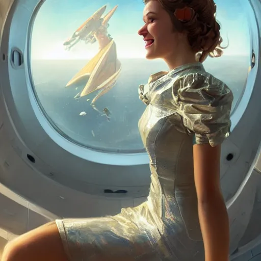 Prompt: woman sitting on a spaceship window, beautiful detailed dress, highly detailed face, smiling, by artgerm, by wlop, by greg rutkowski, octane render, digital art