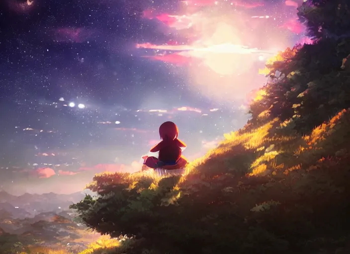 Image similar to watching the stars at night, on a mountain, by wlop, anime key visual, poster