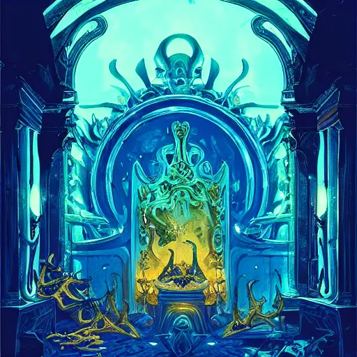 Prompt: Rafael Albuquerque comic art and artgerm, The interior of an underwater city, insanely ornamented with baroque evil golden decorations, black ornaments, ominous devilish altar made of bones, blue neon light coming from the windows, mysterious atmosphere, octane