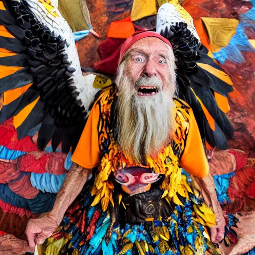 Prompt: an elderly man riding a giant eagle, screaming, bold natural colors, national geographic photography, masterpiece, 8 k, raw, unedited, symmetrical balance, tutu, wearing a hat made from nachos, sausages for fingers