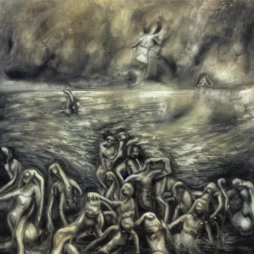 Image similar to a painting of a group of people in the water, a surrealist painting by william dobell, deviantart, neo - expressionism, apocalypse art, surrealist, grotesque