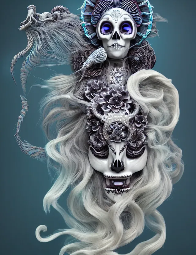 Prompt: 3 d goddess skull half - turn portrait with long hair with ram skull. beautiful intricately detailed japanese crow kitsune mask and clasical japanese kimono. betta fish, jellyfish phoenix, bio luminescent, plasma, ice, water, wind, creature, artwork by tooth wu and wlop and beeple and greg rutkowski