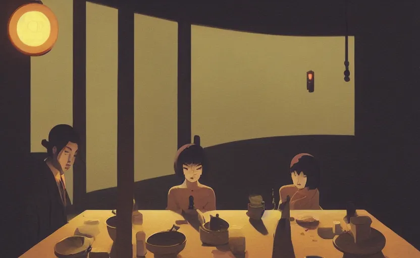 Image similar to a mysterious dimly lit dinner scene japanese digital art illustration by atey ghailan and escher and edward hopper, surreal