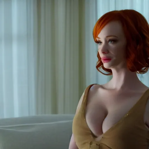 Image similar to a very surprised looking beautiful Christina Hendricks r in the living room, film still from the movie directed by Denis Villeneuve , wide lens