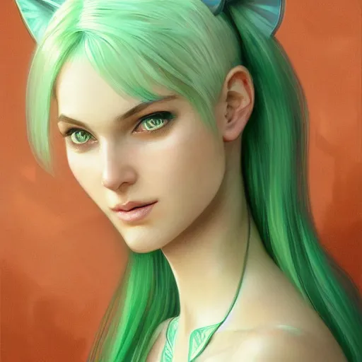 Image similar to ultra realistic illustration, dream girl with white hair, with light green eyes, with cat ears, in a sundress, intricate, elegant, highly detailed, digital painting, artstation, concept art, smooth, sharp focus, illustration, art by artgerm and greg rutkowski and alphonse mucha