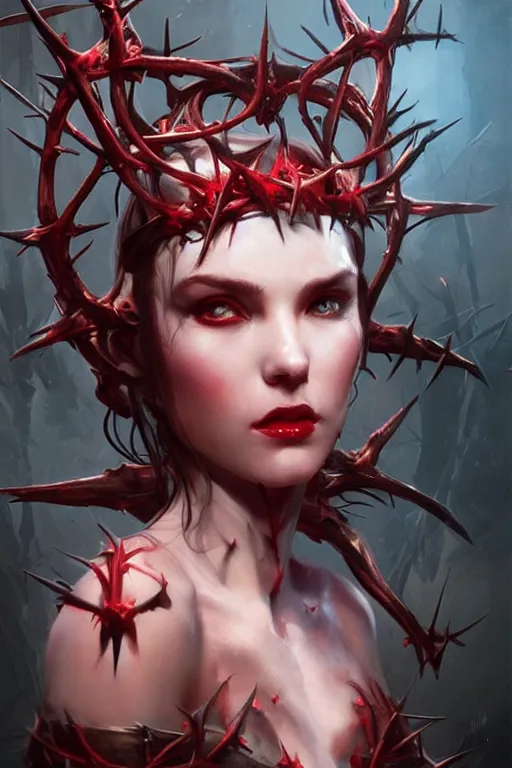 Image similar to Portrait of beautiful pale succubus maiden with crown of thorns, and devil's horns, red lighting, digital art by Ruan Jia and Mandy Jurgens and Artgerm, highly detailed, trending on artstation, award winning,