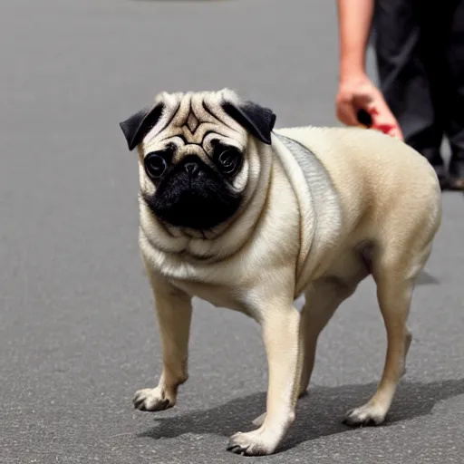 Image similar to a pug with human legs, chimaera, photo