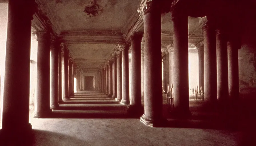 Prompt: 1 9 7 0 s andrei tarkovsky movie still of a man in red drapery in a non euclidian building with columns, by piranesi, panoramic, ultra wide lens, cinematic light, anamorphic