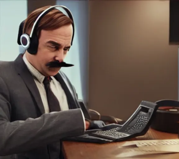Prompt: Saul Goodman gaming at a pc, mustache, wearing cat ears headphones, movie still, photorealistic, movie shot