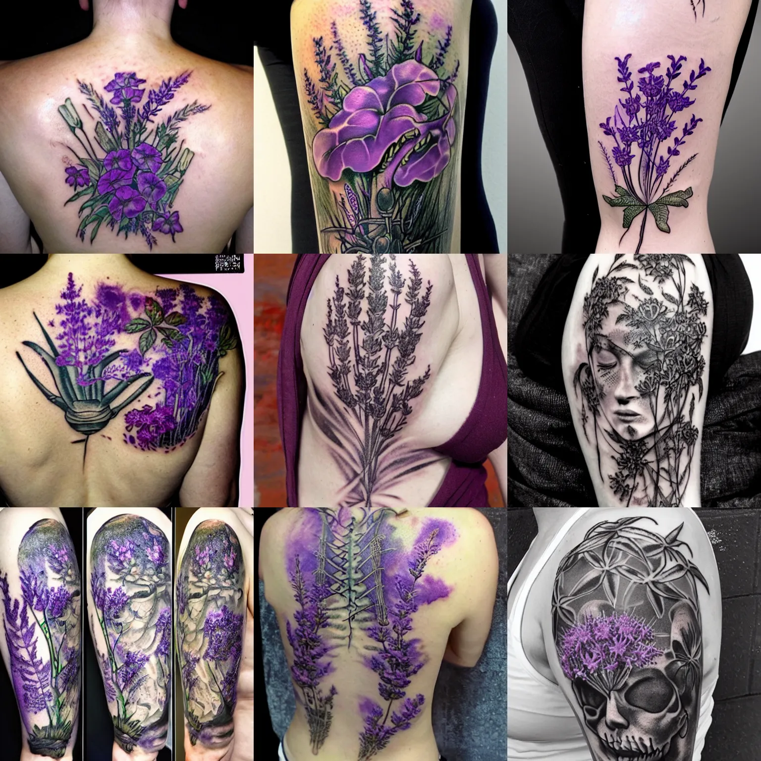 Prompt: botanical tattoo designed byh. r. giger, verbena and lavender flowers, inking on skin